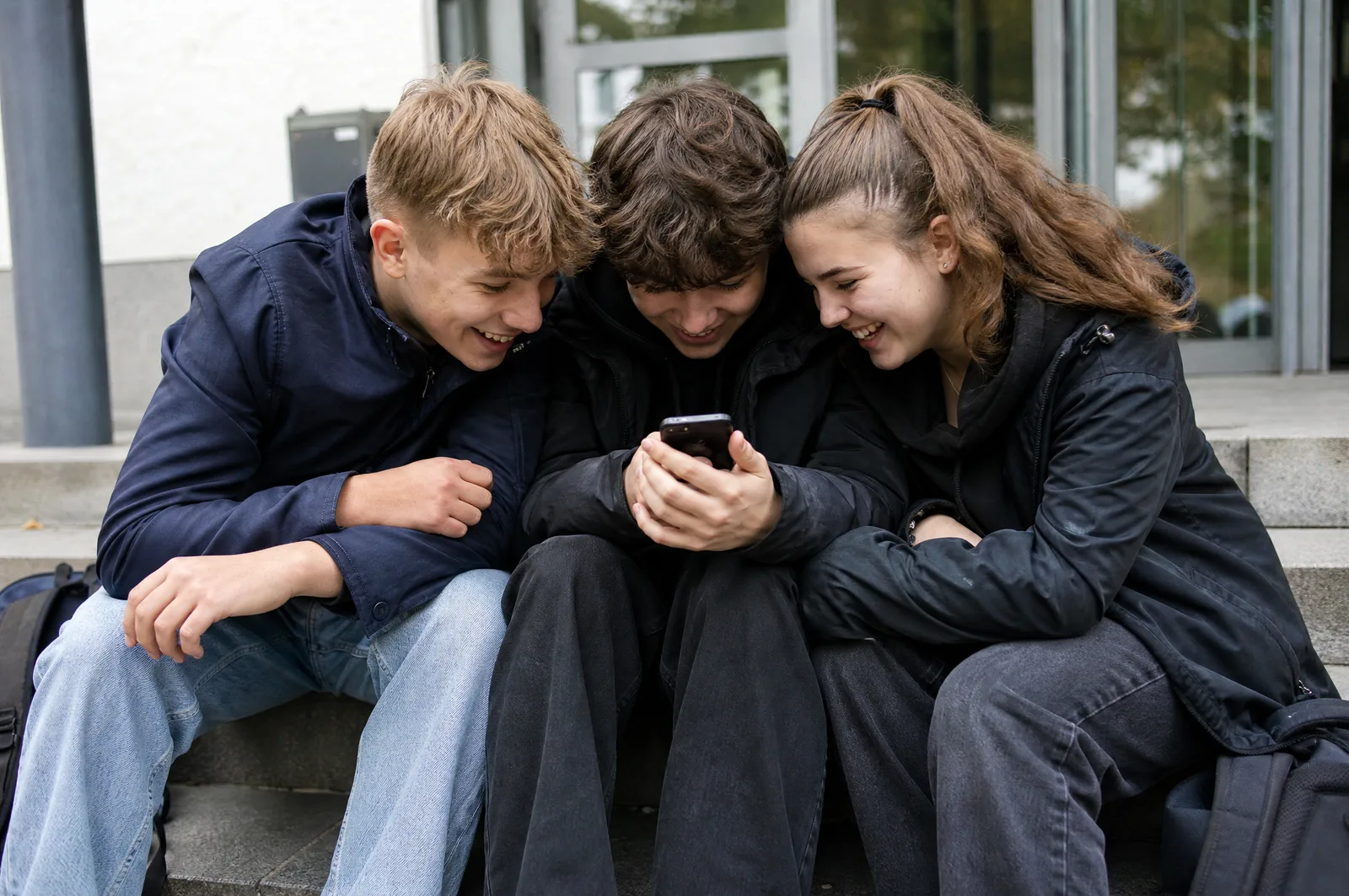 Drei Jugendliche sitzen auf einer Schultreppe und schauen zusammen auf ein Handy
