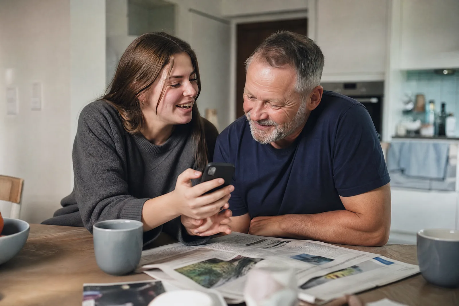 Eine junge Frau zeigt ihrem Vater am Küchentisch eine Einladung auf dem Handy