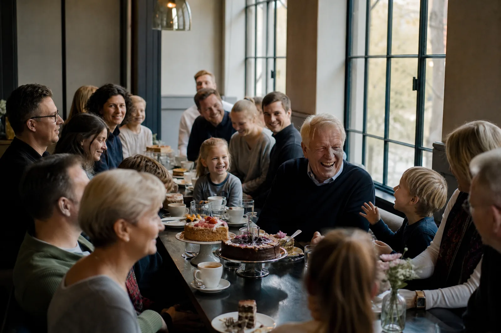 Siebzigster Geburtstag an einer langen Kaffeetafel im Nebenzimmer eines Restaurants