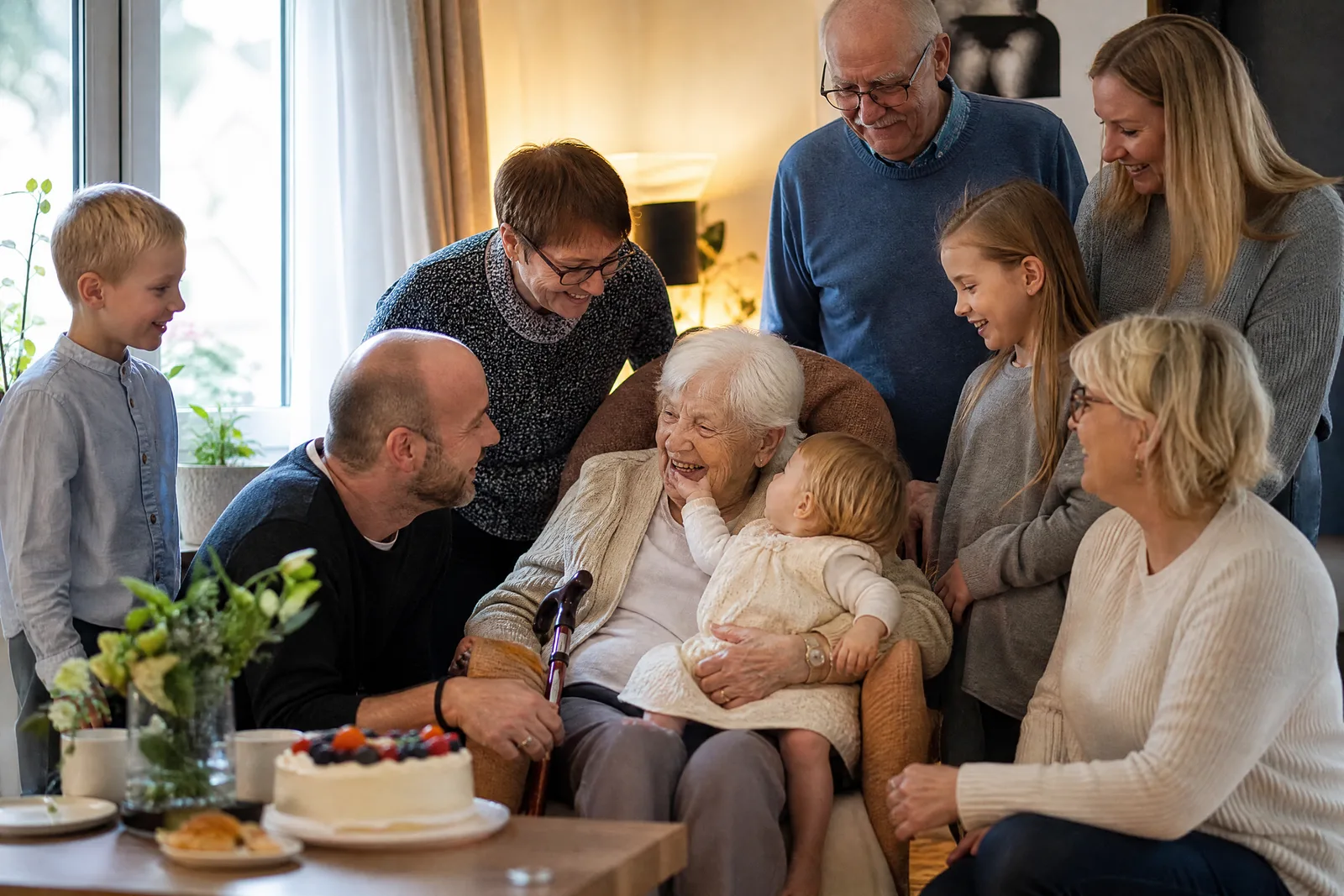 Achtzigster Geburtstag mit vier Generationen, die Jubilarin mit einem Urenkel auf dem Schoss