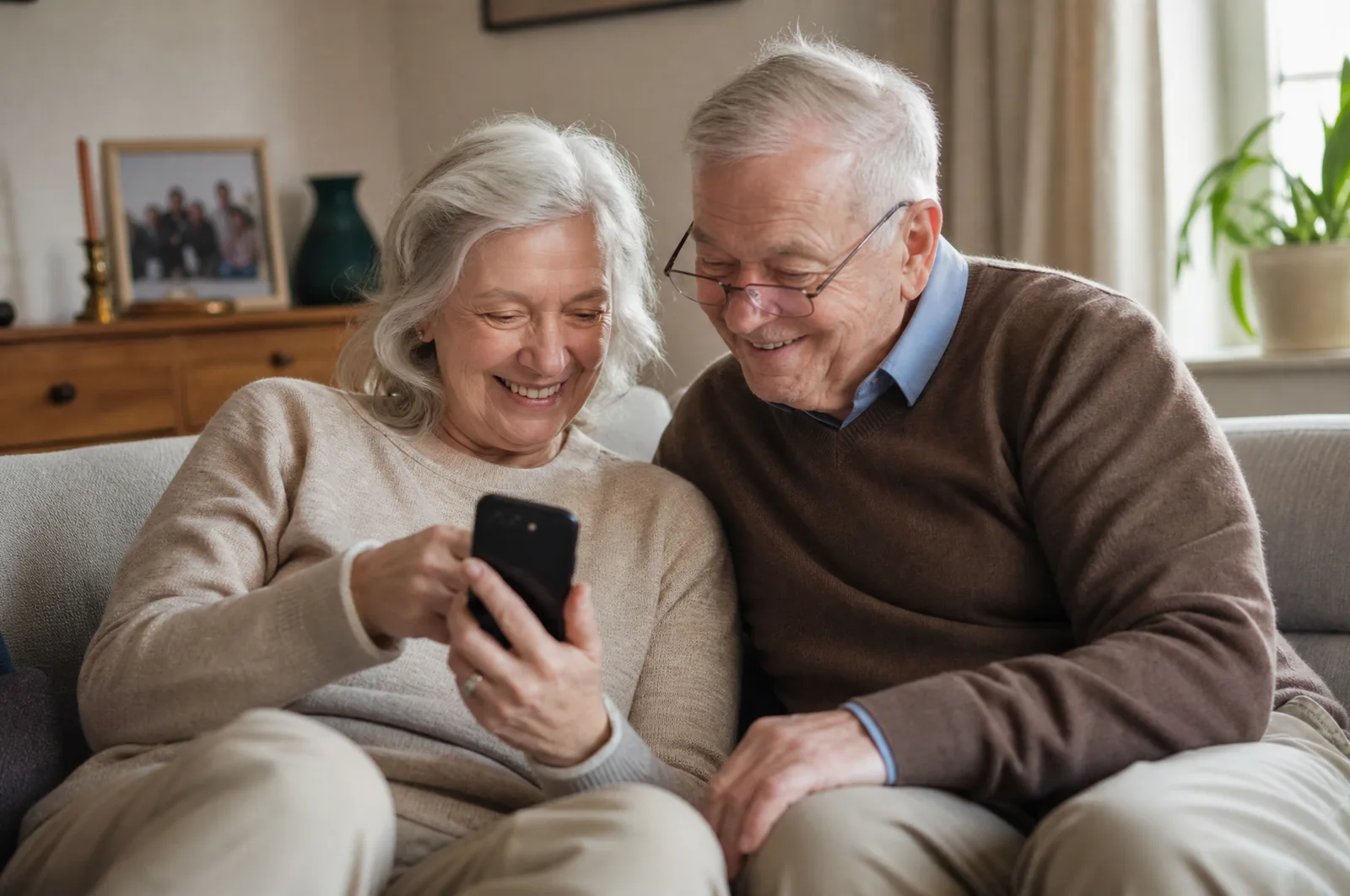 Ein älteres Paar sieht sich auf dem Sofa gemeinsam eine Einladung am Handy an