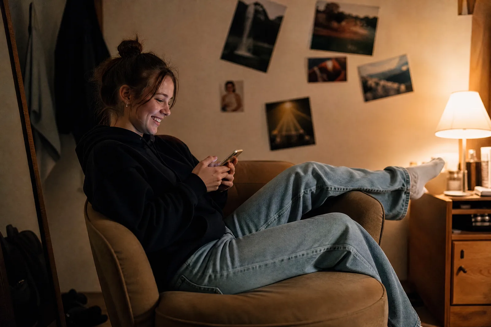 Eine Jugendliche verschickt entspannt im Sessel eine Einladung am Handy