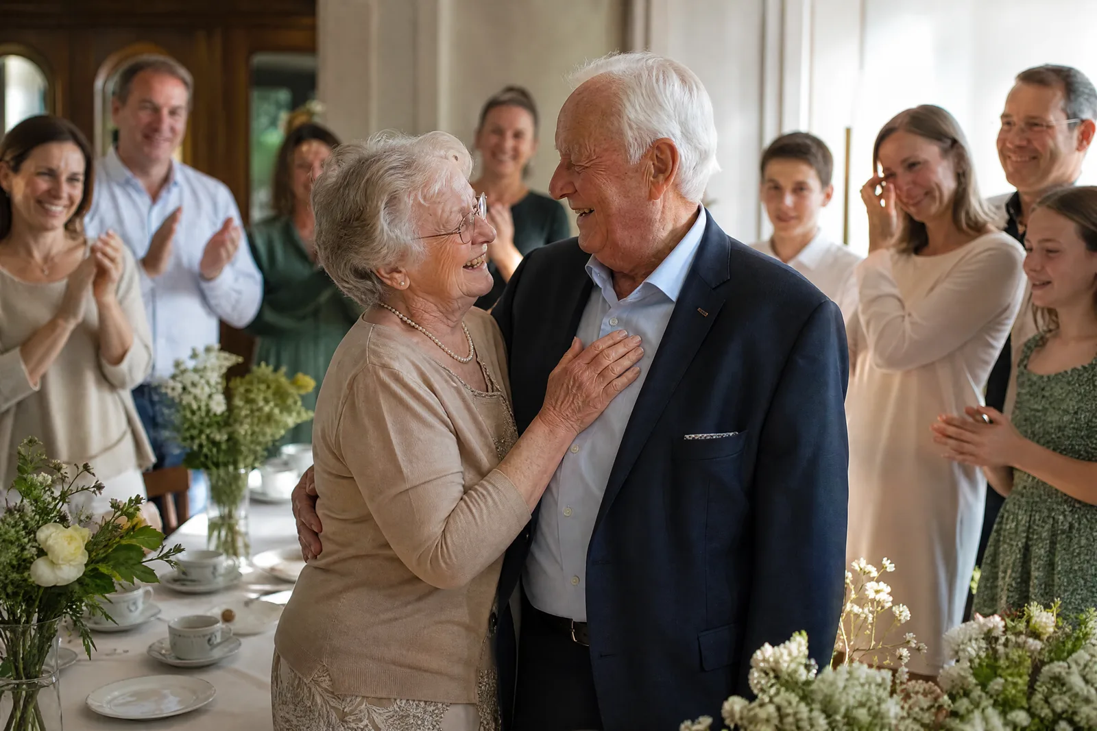 Ein Paar in den Siebzigern lacht bei seiner goldenen Hochzeit, Kinder und Enkel applaudieren