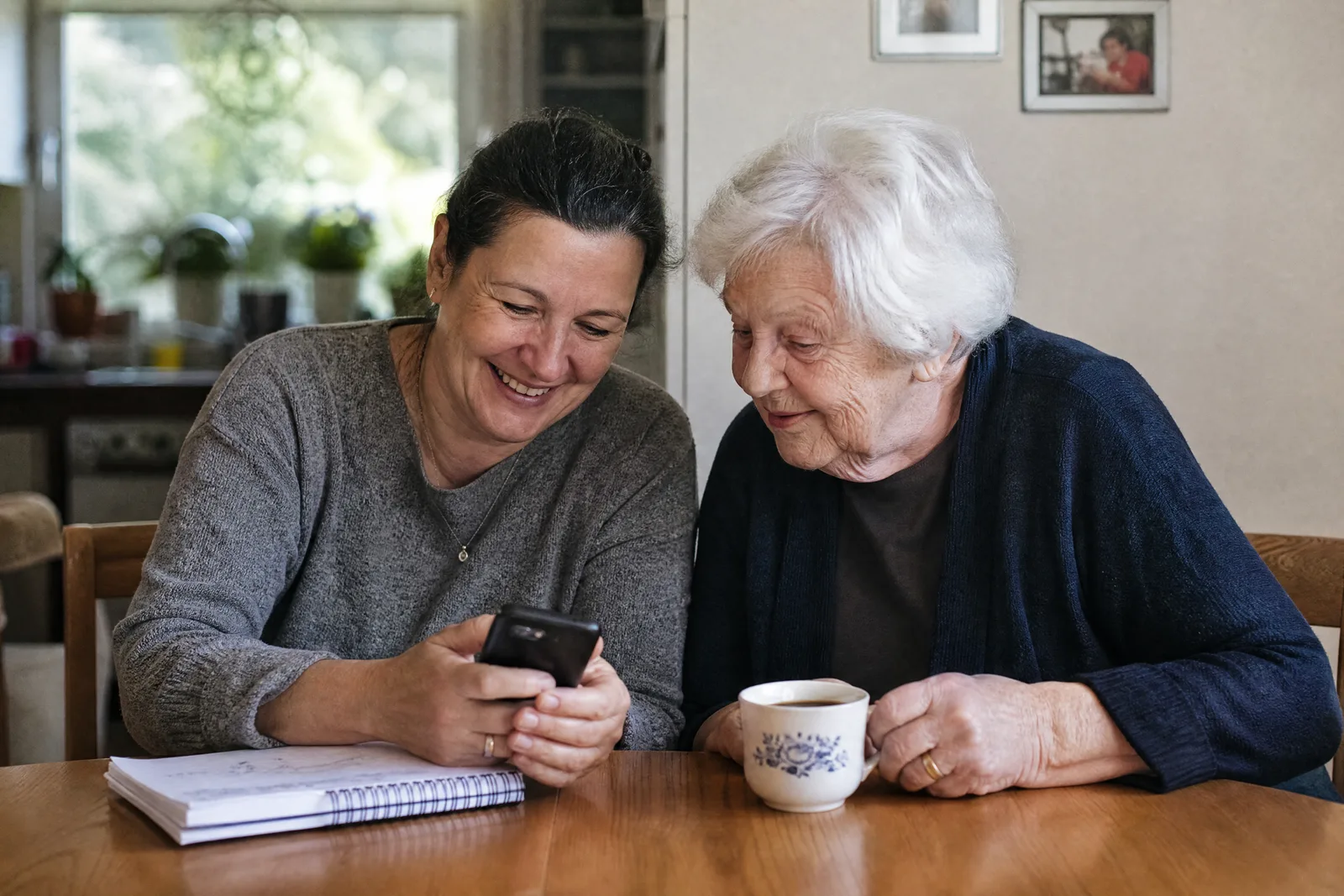Eine Frau plant am Esstisch die Einladung am Handy, ihre Mutter schaut mit