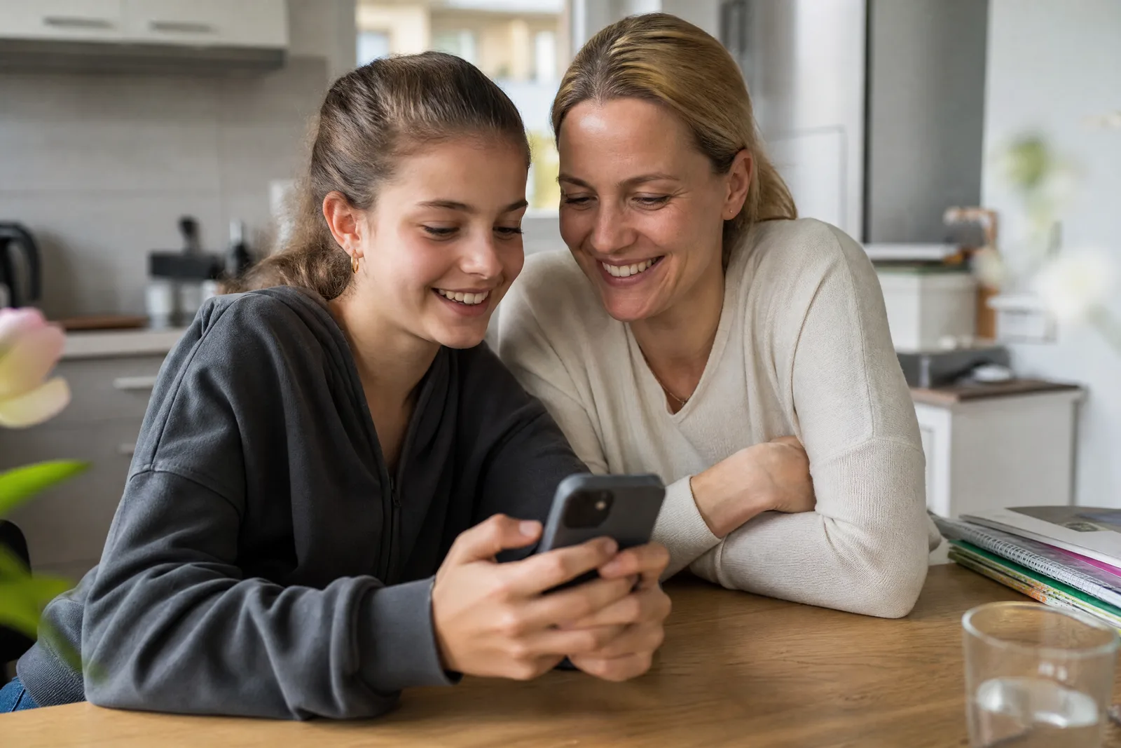Ein Jugendlicher und seine Mutter sehen sich am Küchentisch eine Einladung am Handy an