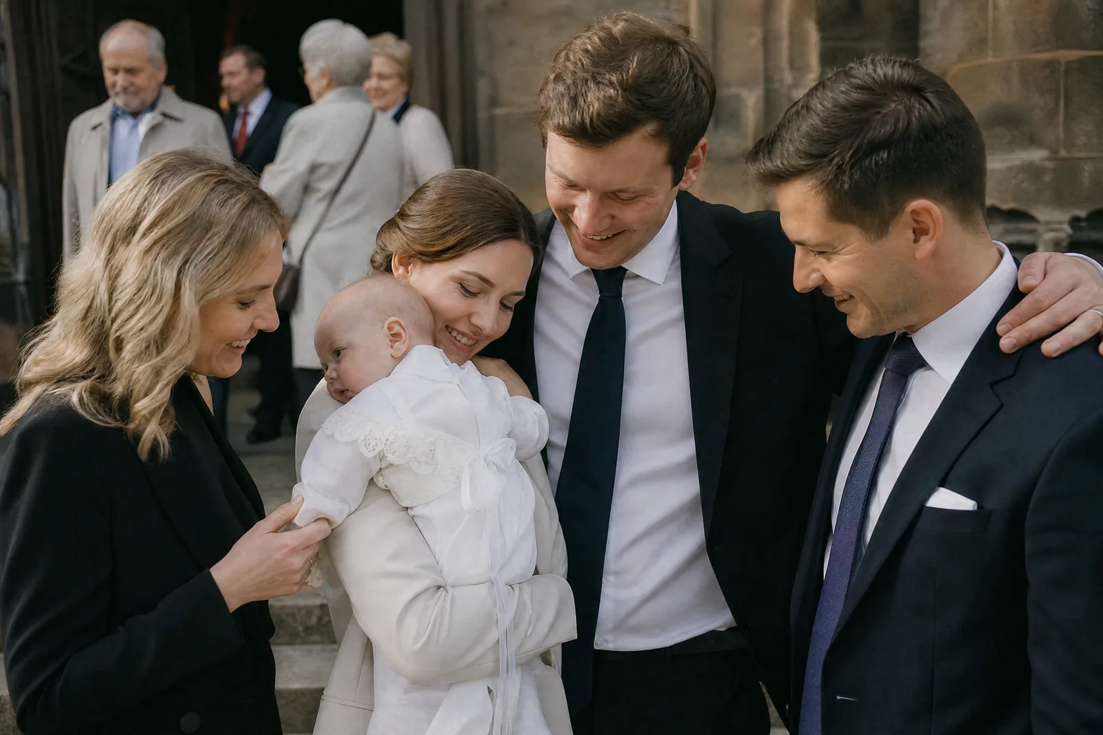 Eltern mit ihrem Täufling auf den Stufen einer Kirche, die Paten stehen daneben