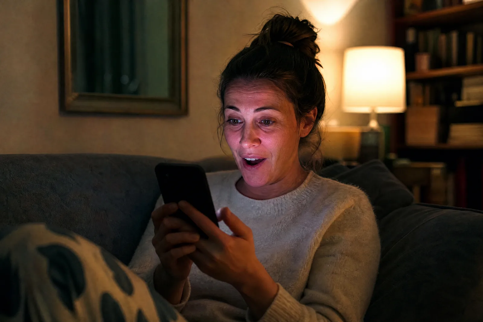 Eine Frau sieht auf dem Sofa überrascht und erfreut auf ihr leuchtendes Handy
