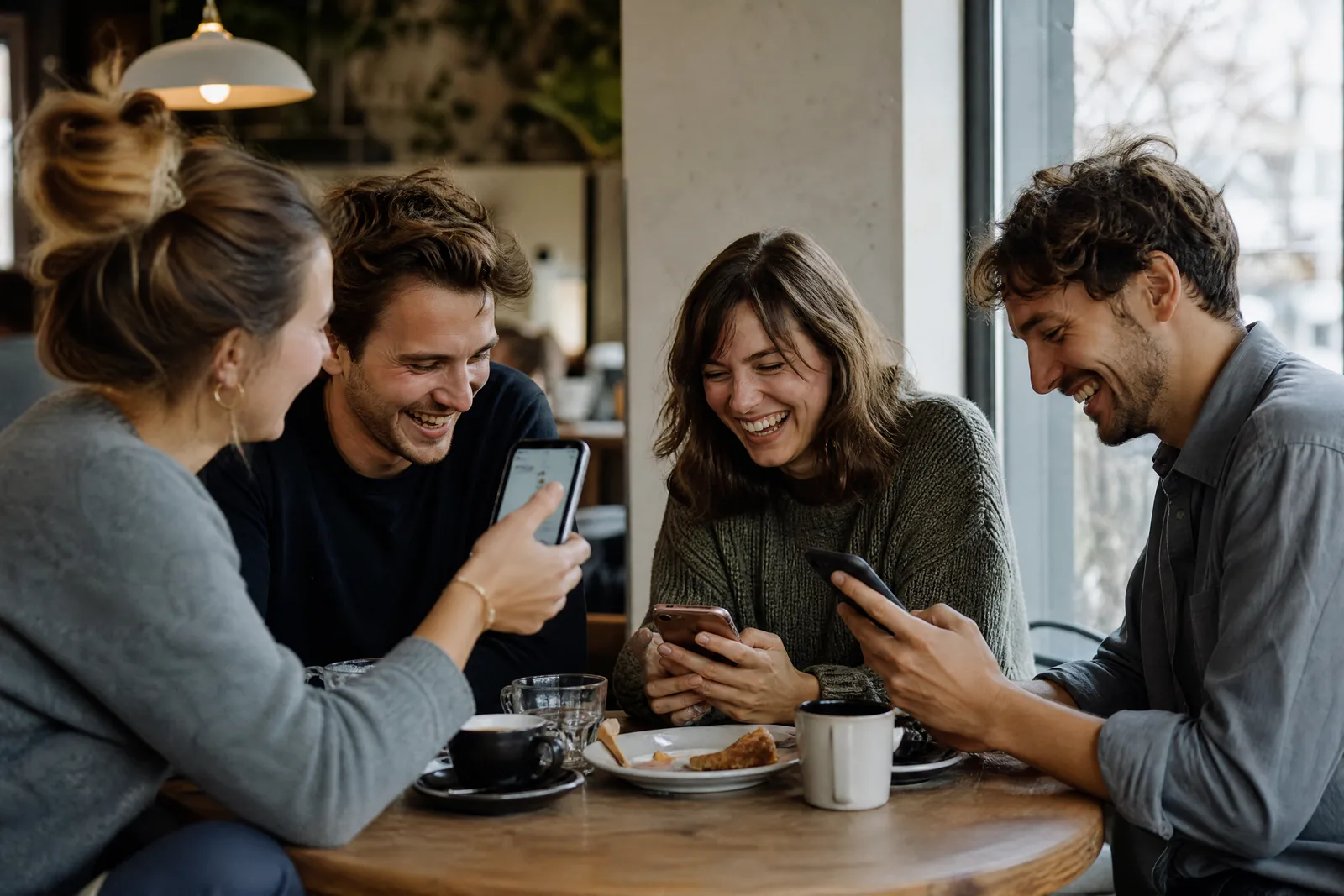 Vier Freunde am Cafétisch schauen gleichzeitig auf ihre Handys und lachen