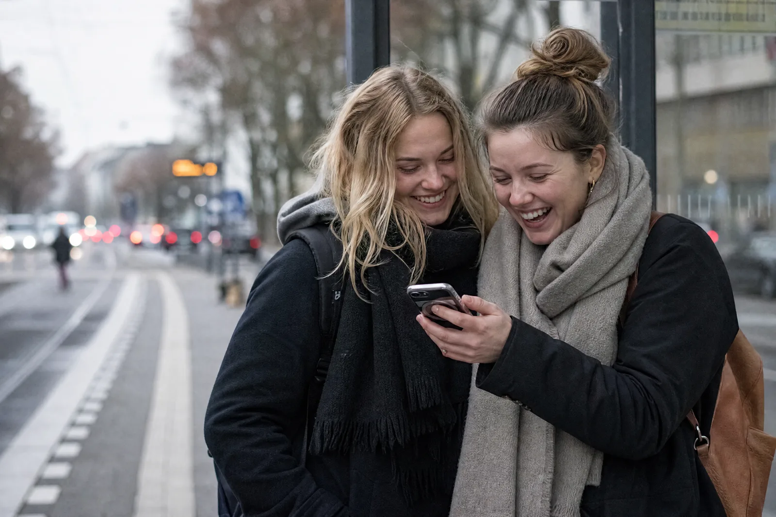 Zwei Freundinnen sehen an einer Haltestelle gemeinsam eine Einladung auf dem Handy an